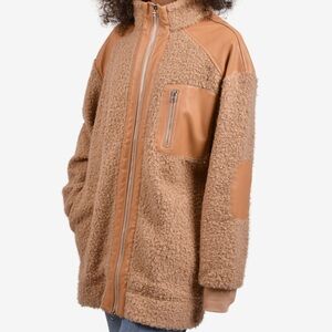 STAUD Bowie Teddy Fleece Coat with Faux Leather Trim – XS